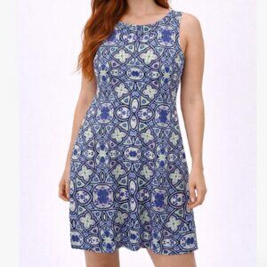 $118 Talbots Medium Petite Printed Sleeveless Dress Blue Green Lilac Cotton Geo